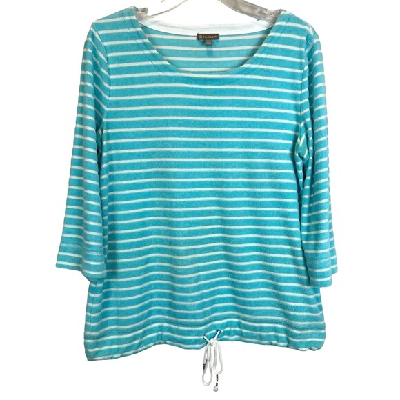 T by Talbots Terry Top  Women's Size LP  Turquoise Stripe Drawstring 3/4 Sleeve - Picture 1 of 7